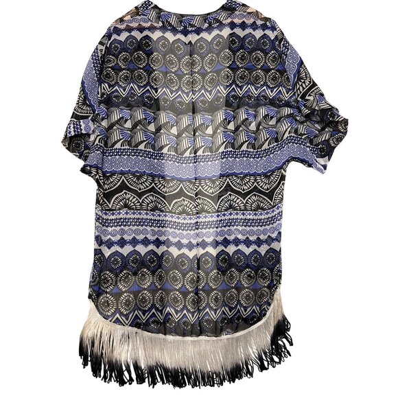 Steve Madden OSFM Lightweight Open Geometric Pattern Fringe Kimono Long - Picture 2 of 16